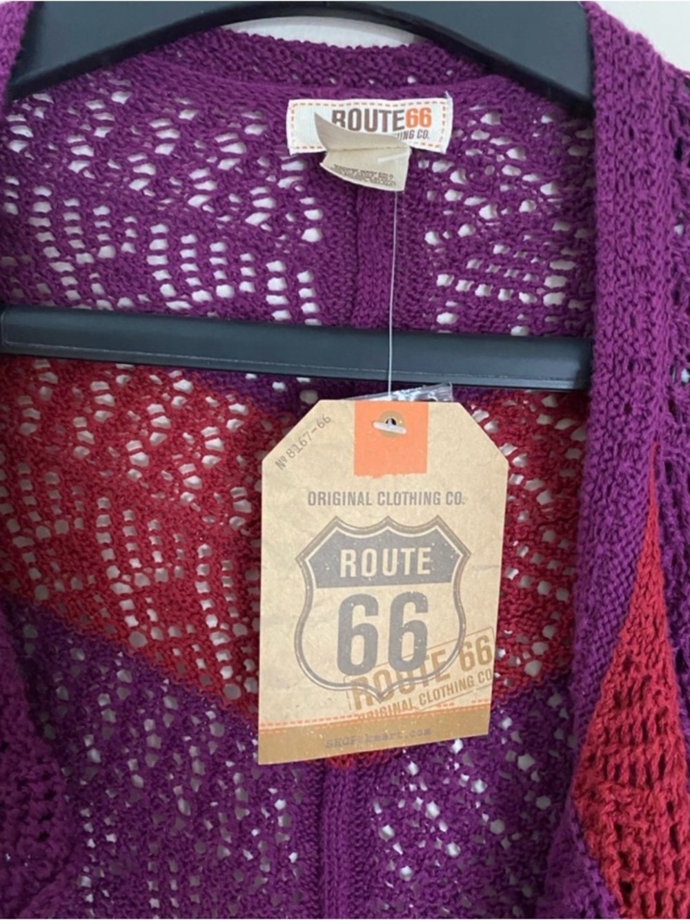 Retro Route 66 Cotton Open-Front Crochet Shrug Poncho in Purple and Red - Picture 2 of 8